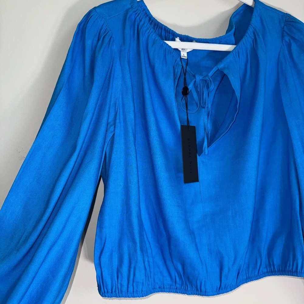 NWT Gianni Bini Linen Blouse Woven Camilla Long Sleeve Pullover Blue Size Large - Picture 7 of 14